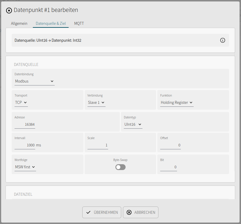 Beckhoff-Lifesign-Datenpunkt mit Modbus-TCP-Quelle, Register 16384, UInt16 und 1000 ms Leseintervall