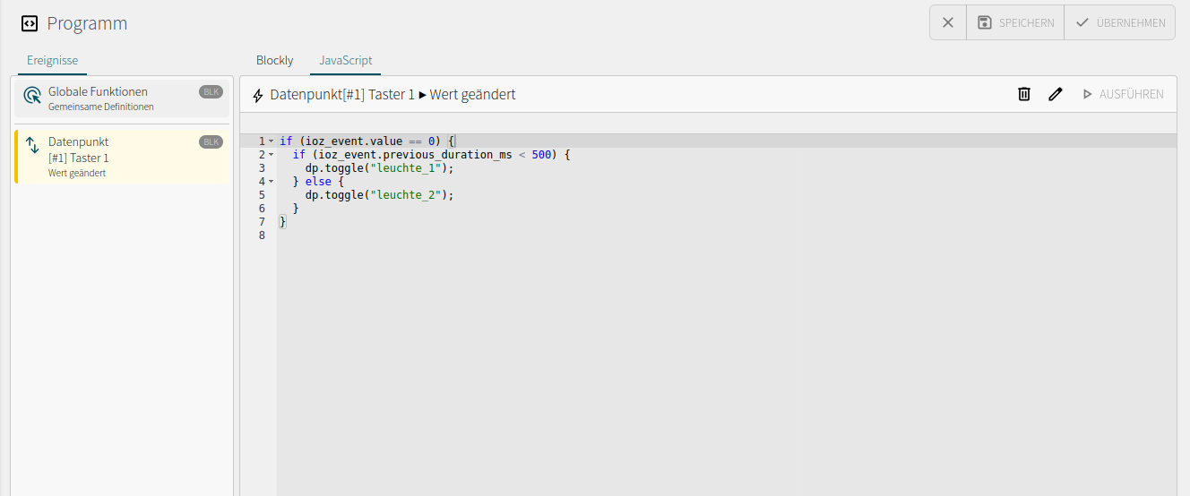 JavaScript-Ansicht des Ereignisses Wert geändert mit der Auswertung von previous_duration_ms bei fallender Flanke