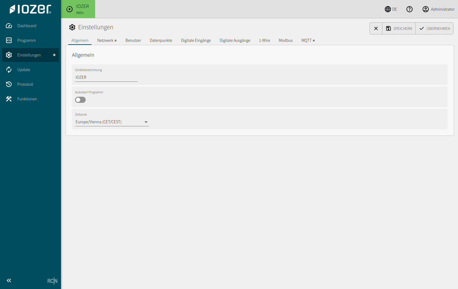 Allgemeine Einstellungen mit Gerätebezeichnung, Programm-Autostart und Zeitzone