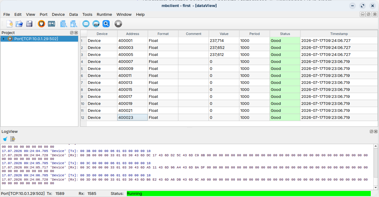 Measurements from the TCP holding registers in mbclient