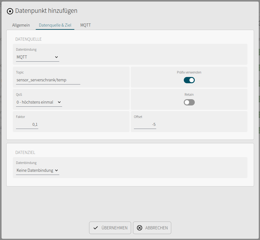MQTT data source with factor 0.1 and offset −5