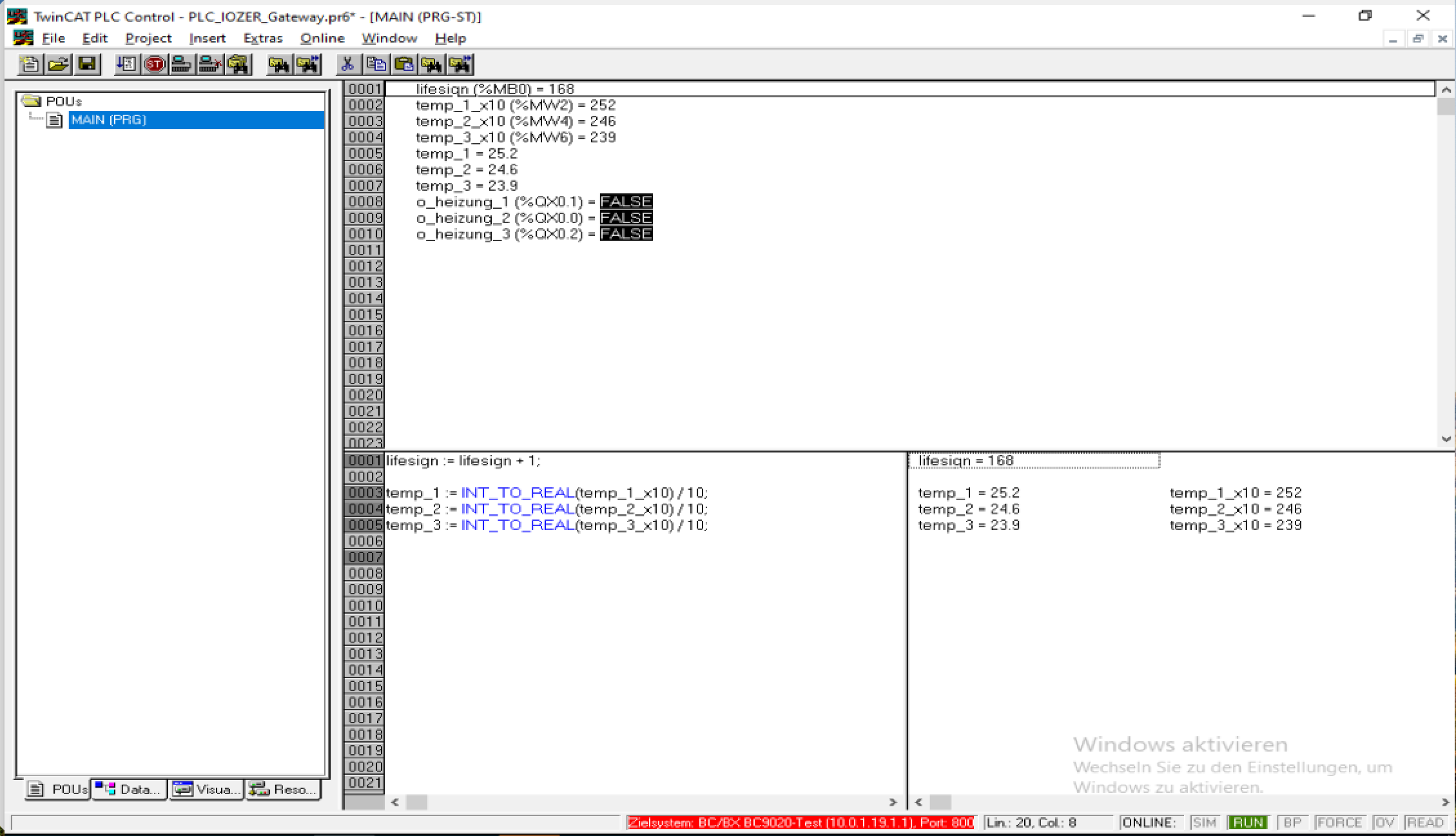 TwinCAT online view with received raw values 252, 246, and 239 and temperatures 25.2, 24.6, and 23.9 degrees Celsius