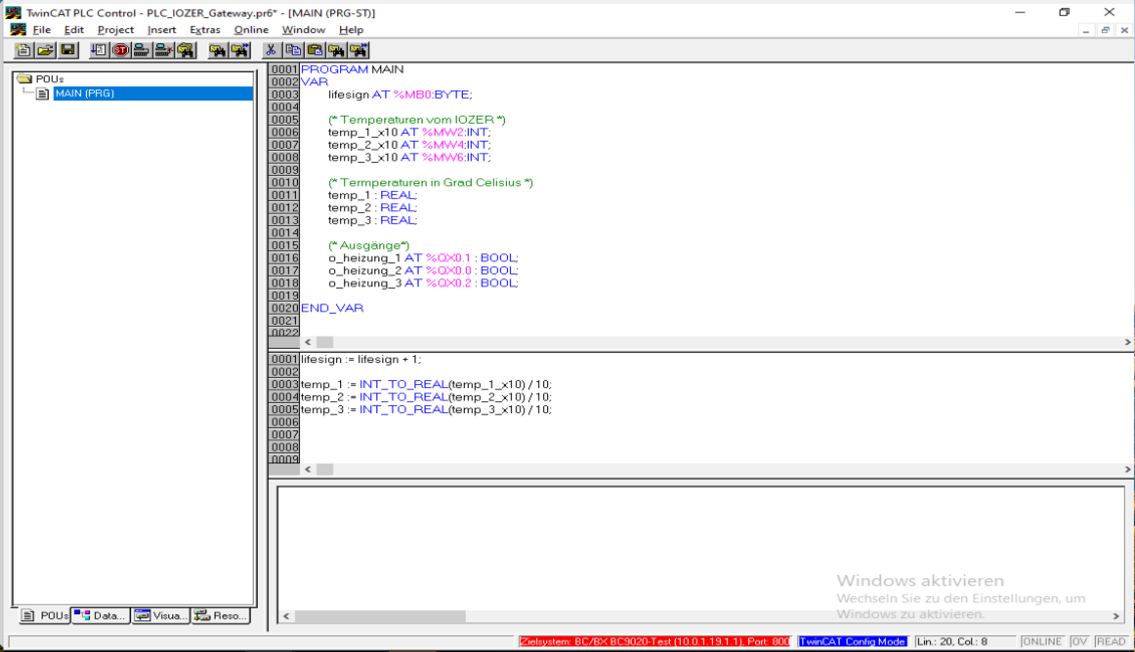 TwinCAT PLC Control with a life sign, temperature variables at MW2, MW4, and MW6, and conversion to degrees Celsius