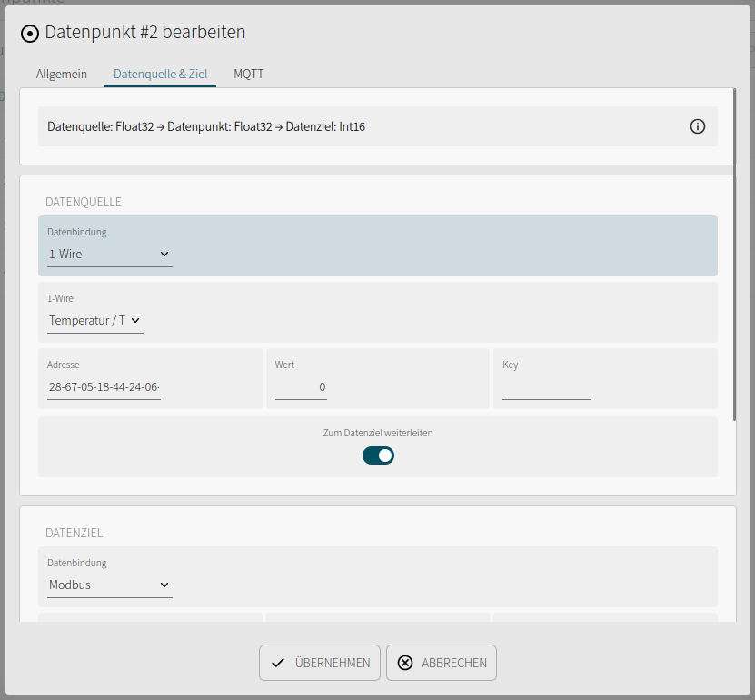 Temperature datapoint using the 1-Wire source Temperatur / T with forwarding to the data target enabled