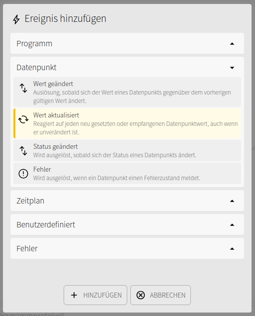 Add event dialog with Datapoint – Value updated selected
