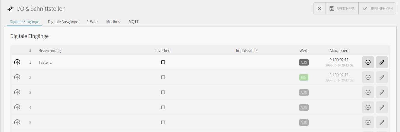 Digital input 1 labeled Taster 1 with actions for creating a datapoint and editing the input