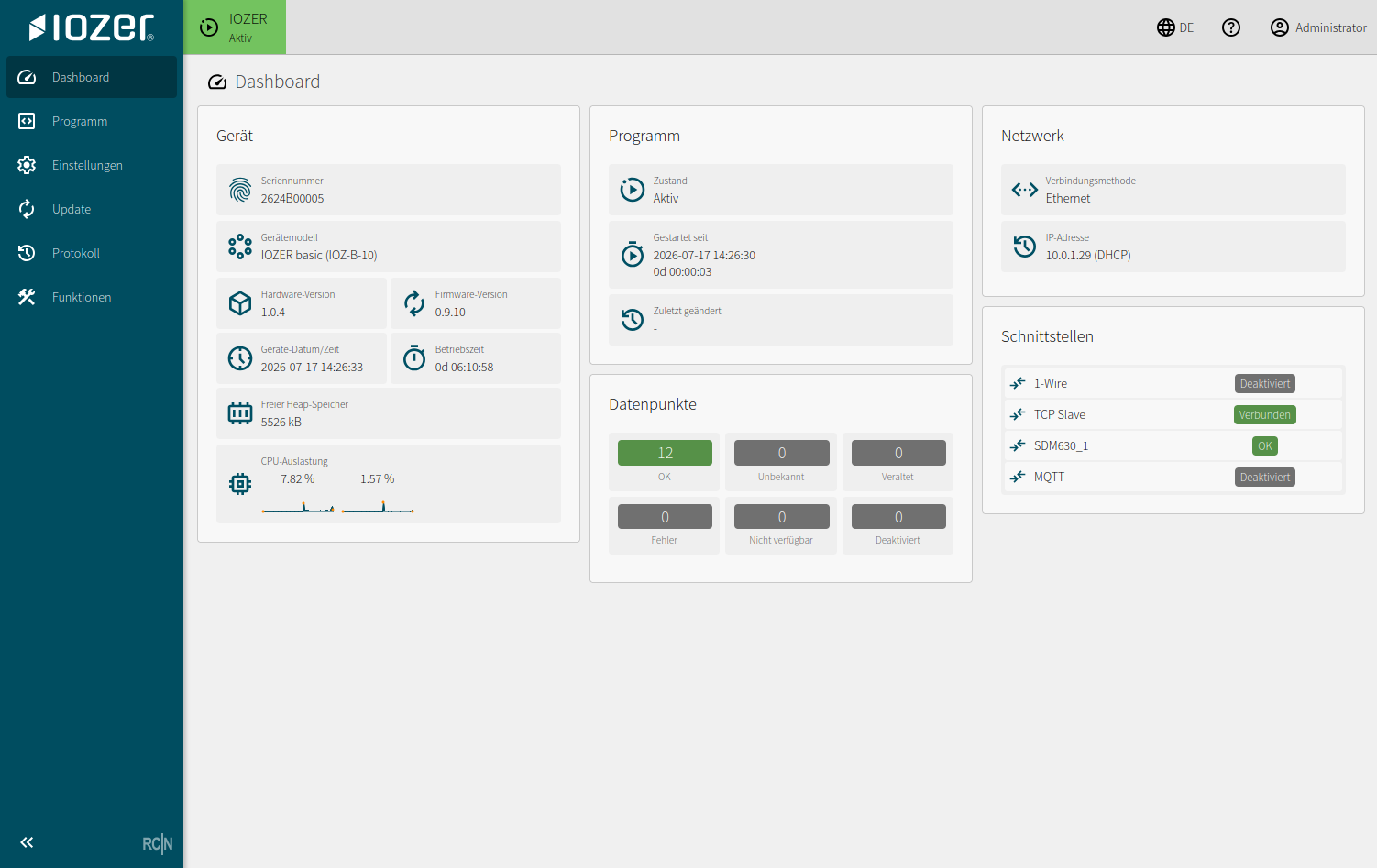 Dashboard showing device, program, network, and interface status
