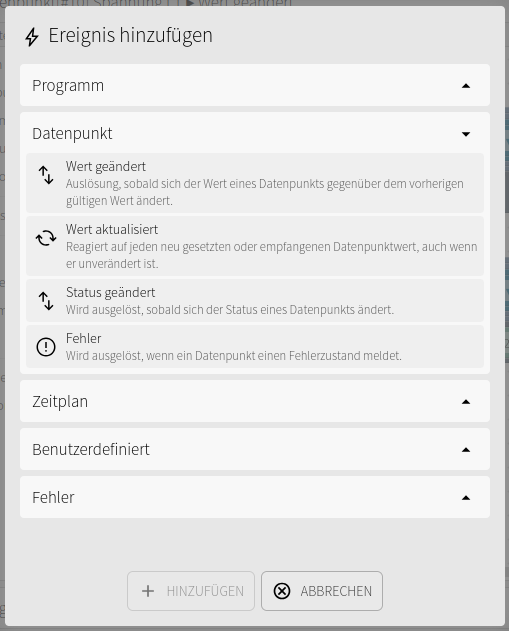 Add event dialog showing datapoint triggers