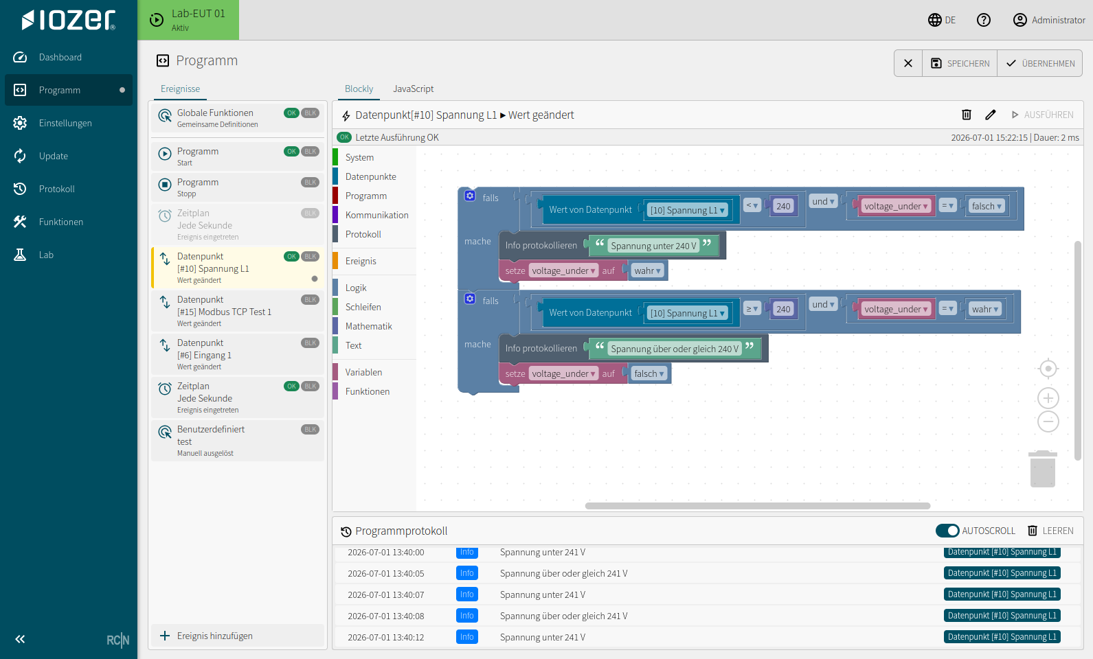 Blockly editor with event list, workspace, and program log