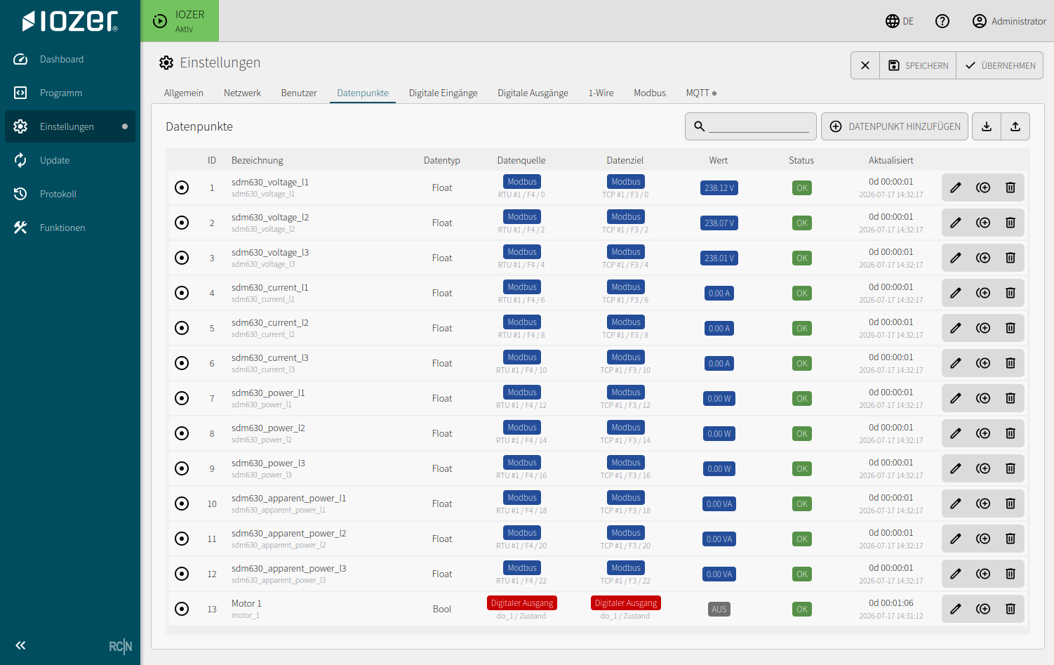 Datapoint overview showing data source, data target, value, status, and editing actions