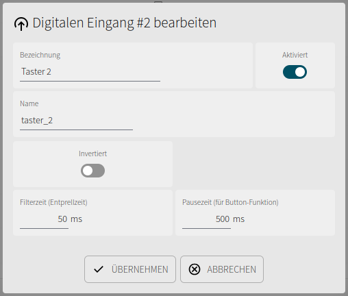 Digital input detail dialog with activation, inversion, debounce time, and pause time