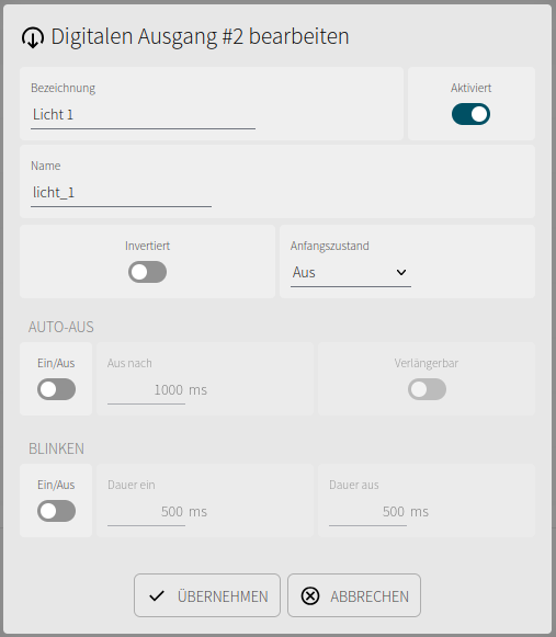 Digital output detail dialog with initial state, auto-off function, and flashing function