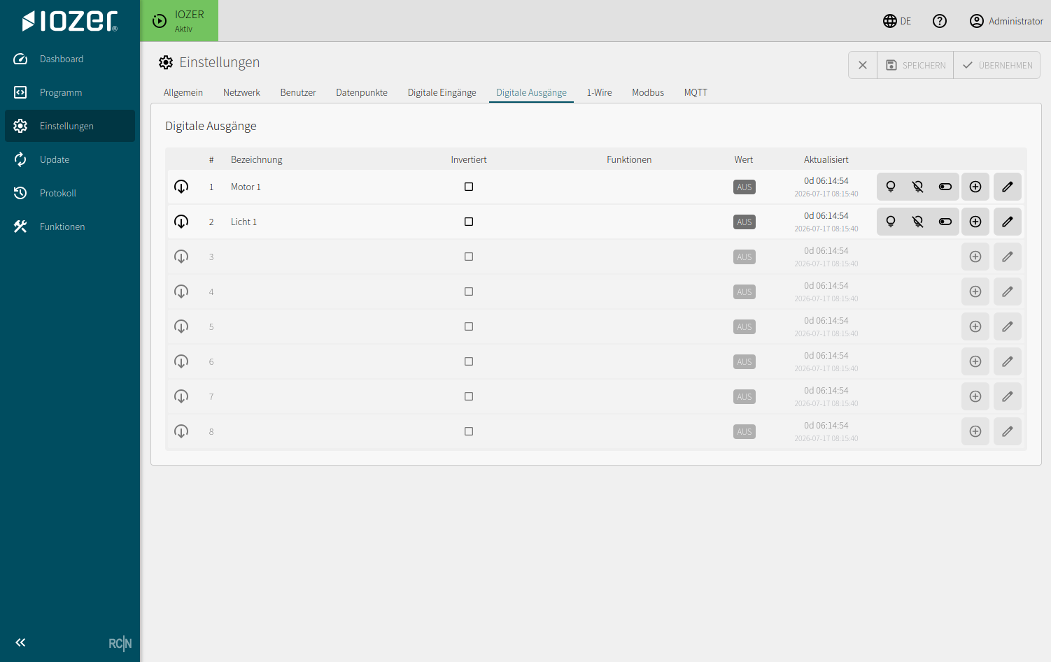 Digital outputs showing description, inversion, functions, value, and update time