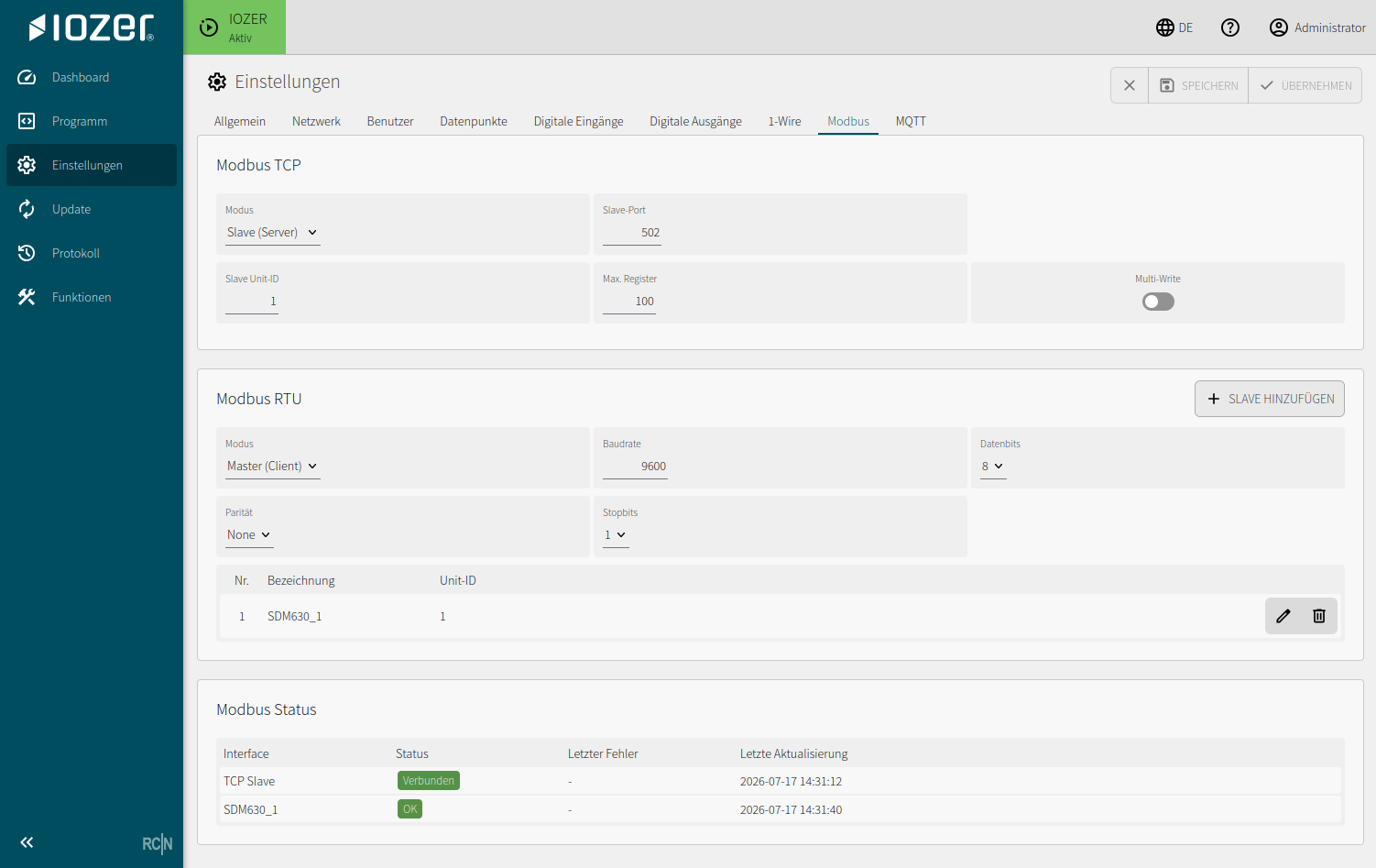 Modbus settings with Modbus TCP as slave, Modbus RTU as master, and current interface status