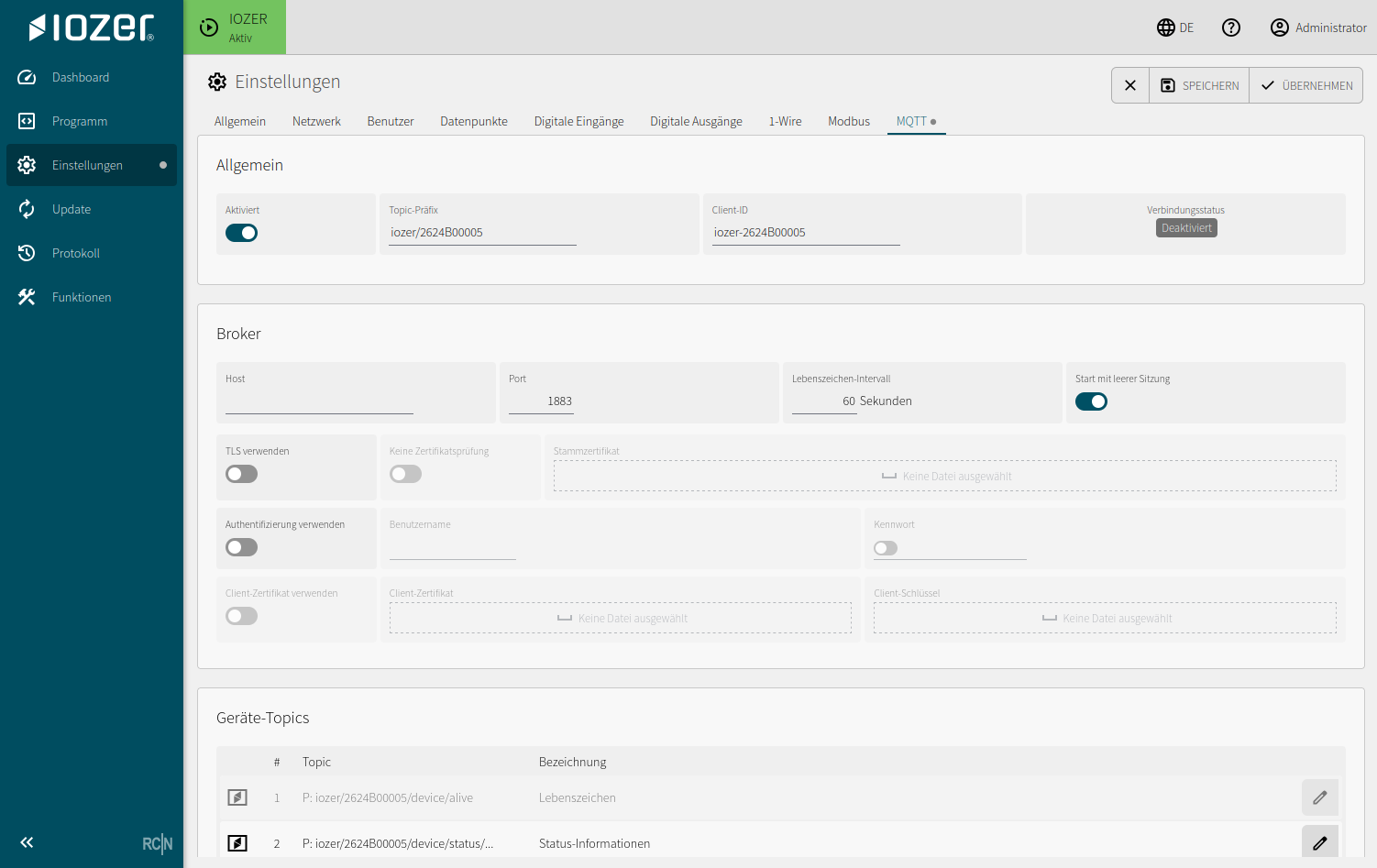 MQTT settings with topic prefix, broker connection, TLS options, and device topics