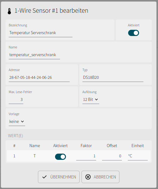1-Wire sensor detail dialog with address, type, resolution, and measurement settings