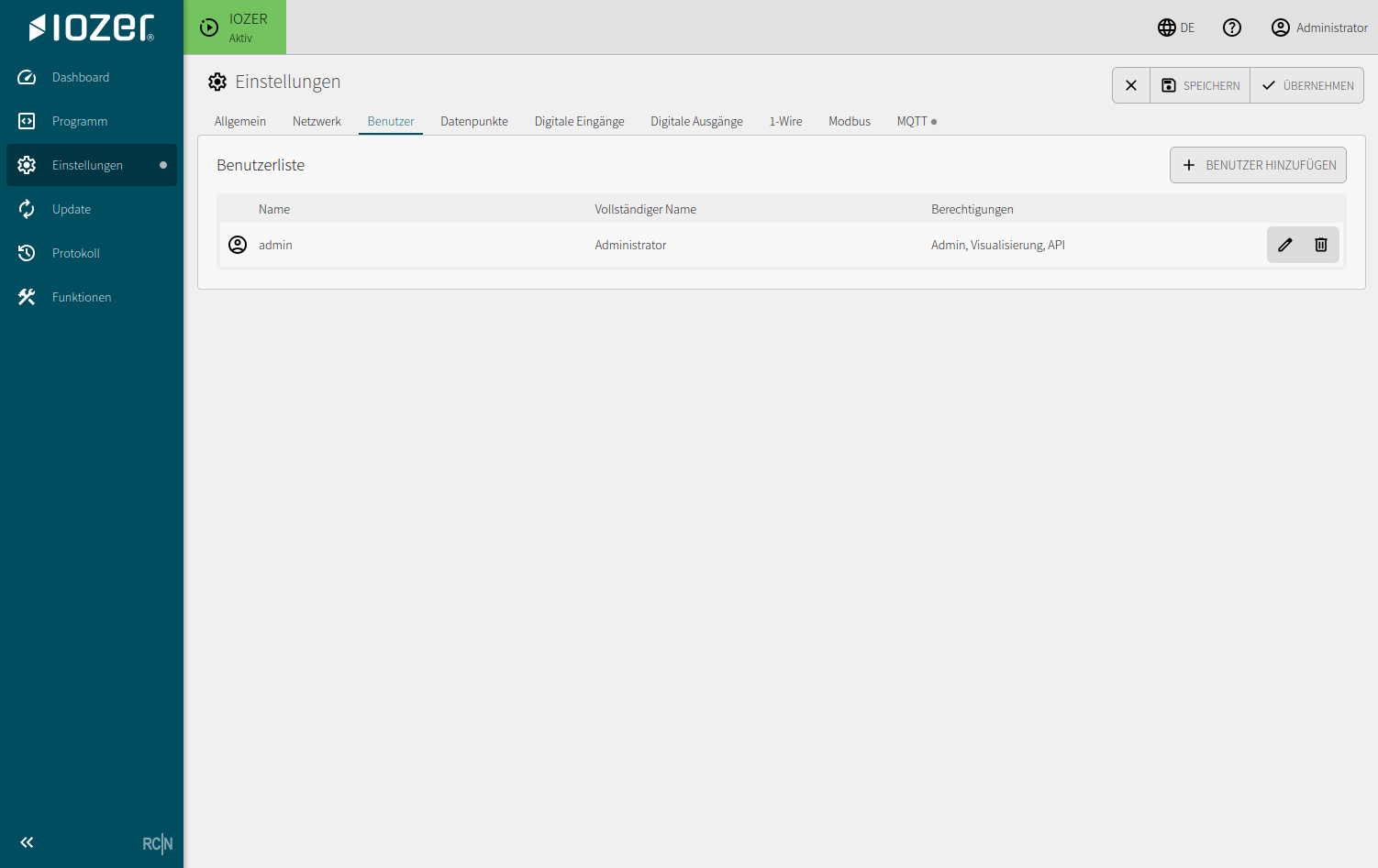 User list showing names, permissions, and actions for editing or deleting accounts